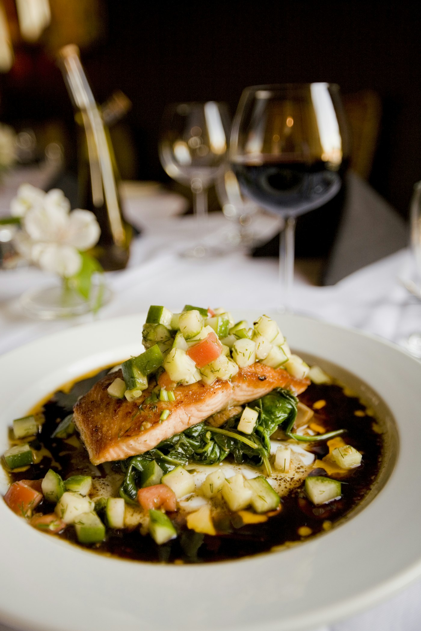 A beautifully plated salmon dinner